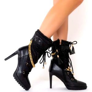 Azalea Wang Black Vegan Leather & Lace Up Stiletto Heel Boots